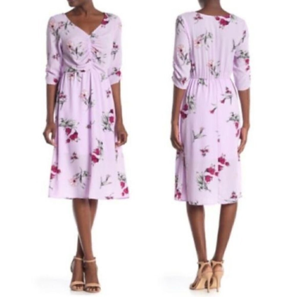 Bobeau Lavender Floral Ruched Midi Dress S